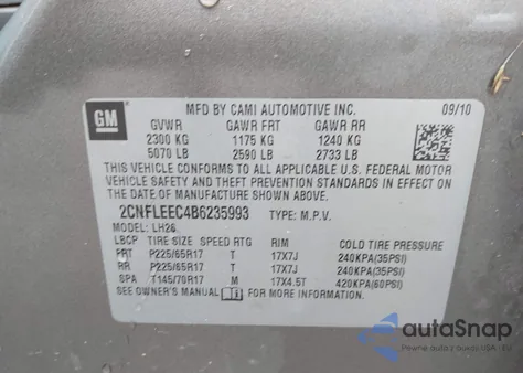 2011 Chevrolet Equinox 1Lt z USA, uszkodzony, nr VIN 2CNFLEEC4B6235993